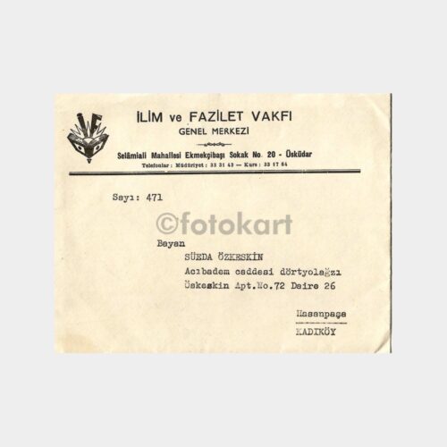 1979 İlim ve Fazilet Vakfı Üsküdar Antetli Zarf