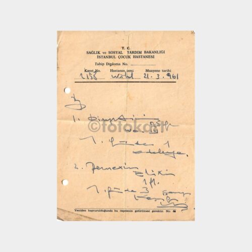 1961 İstanbul Çocuk Hastanesi Reçete