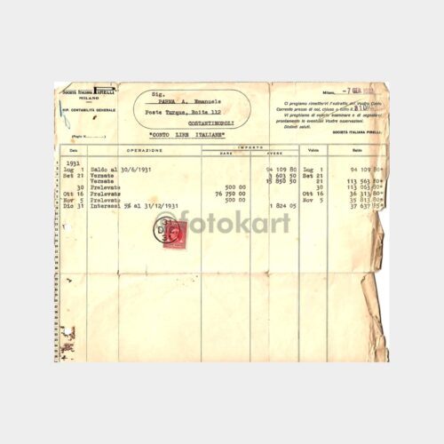 1932 İtalyan Pirelli Hesap Ekstresi