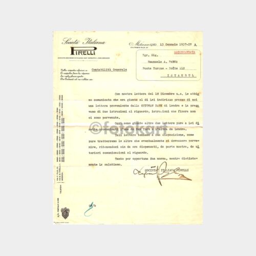 1937 İtalyan Pirelli Lastik Üreticisi Yazışma