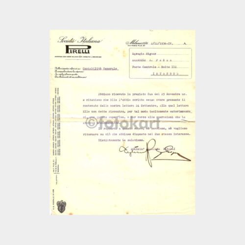 1936 İtalyan Pirelli Lastik Üreticisi Yazışma