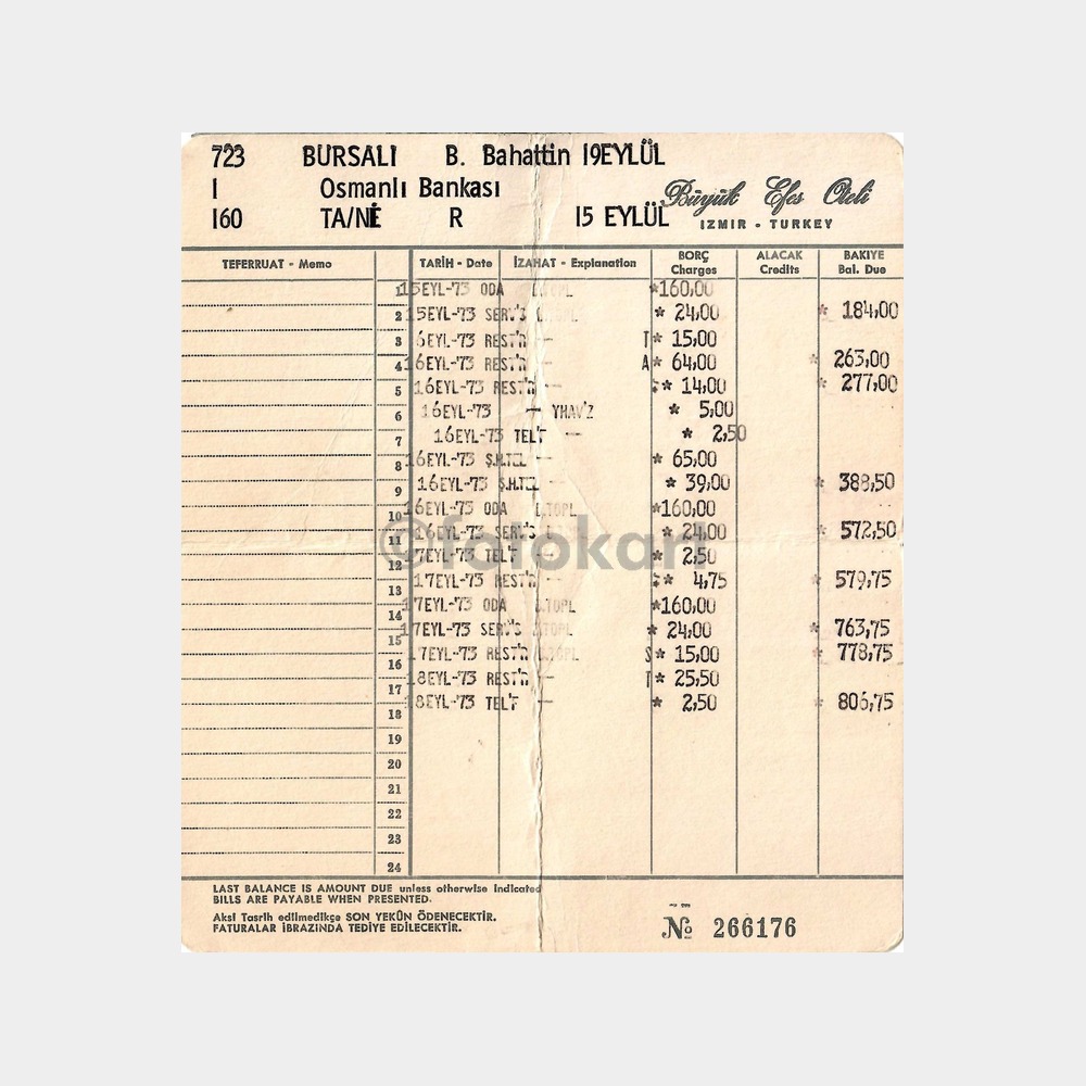 1973 İzmir Büyük Efes Oteli Faturası - Görsel 2