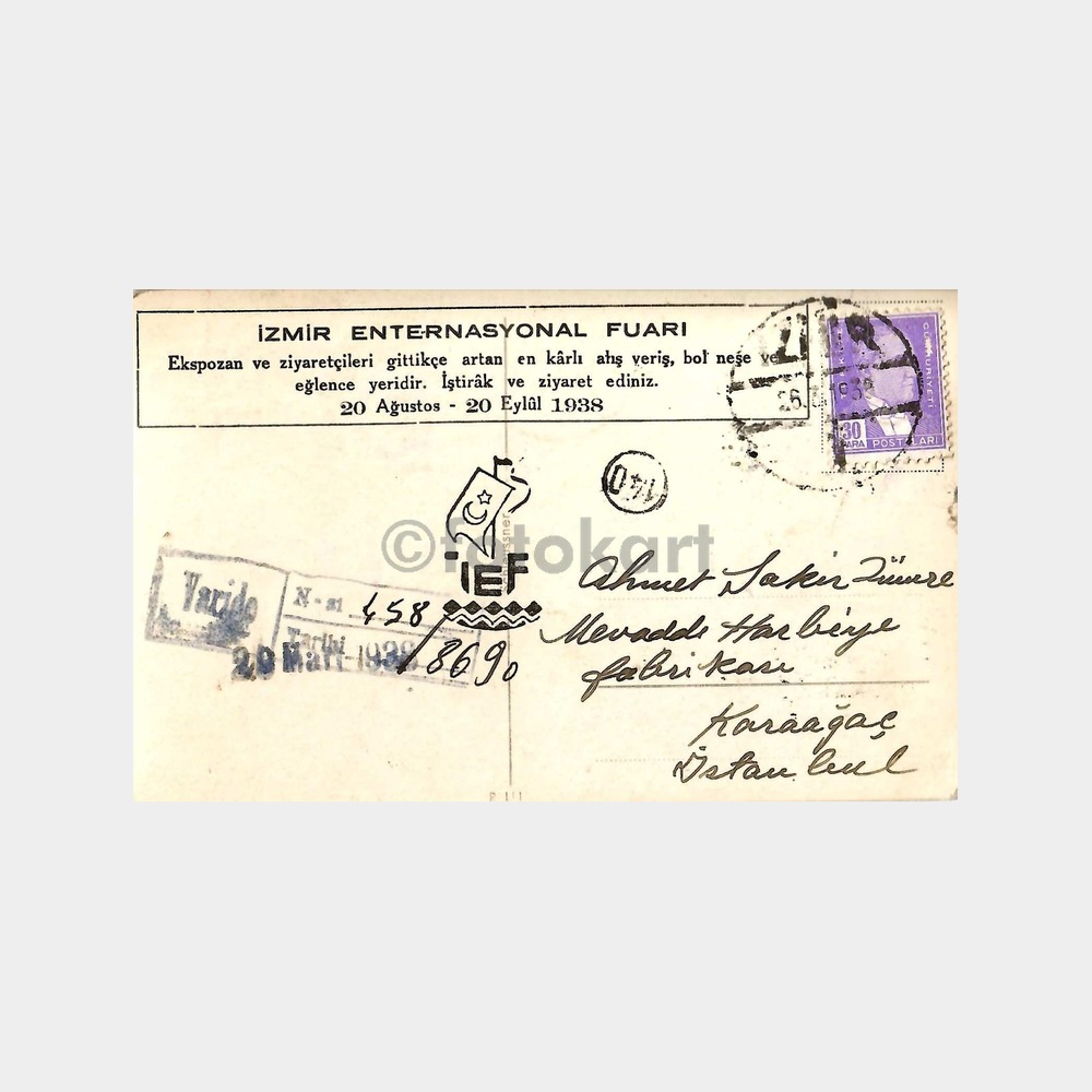 1938 İzmir Fuarı -Postadan Geçmiş- Özel Kartı - Görsel 2