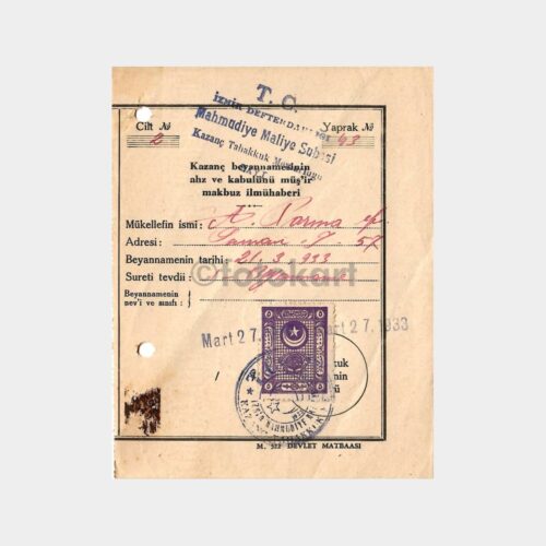 1933 İzmir Mahmudiye Maliye Şubesi Makbuzu