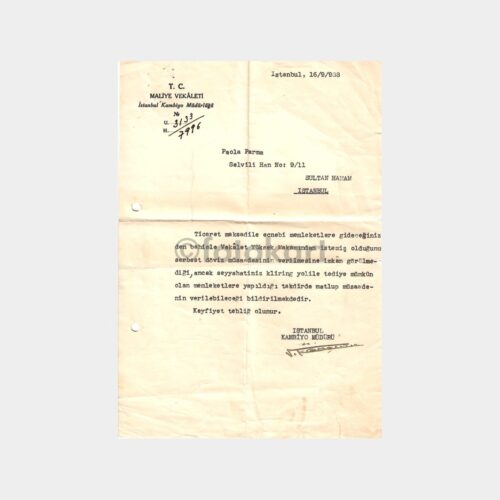 1938 Maliye Vekaleti Döviz Yasağı Yazısı