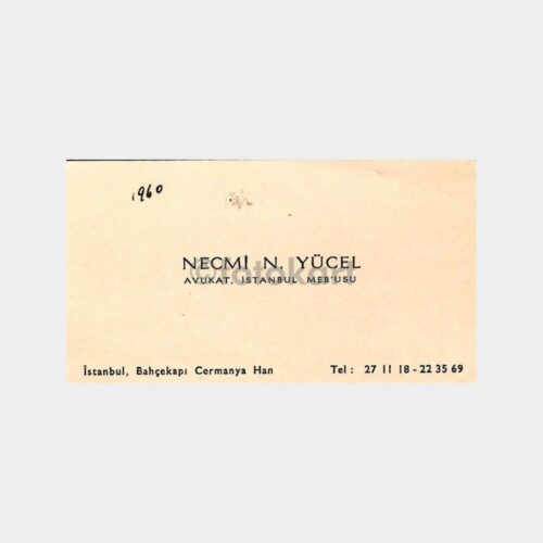 1960 Necmi N. Yücel Avukat ve Mebus Kartvizit