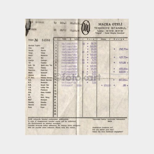 1974 Nişantaşı Maçka Oteli Faturası