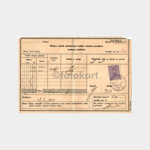 1930 Ortaköy Arnavutköy Maliye Makbuzu