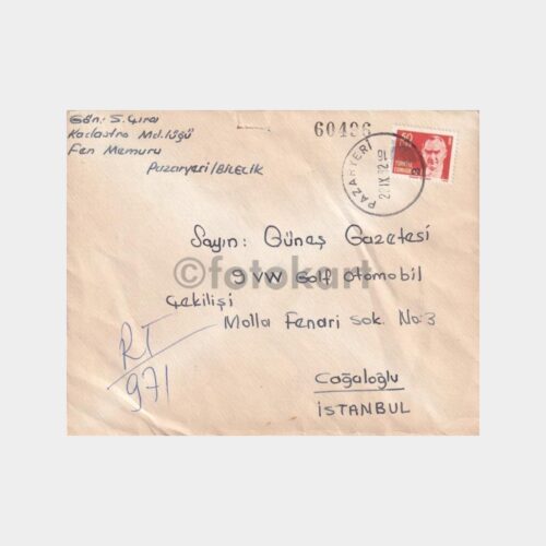 Pazaryeri-Bilecik, Posta Tarihi-Şehir Damgalı Zarf