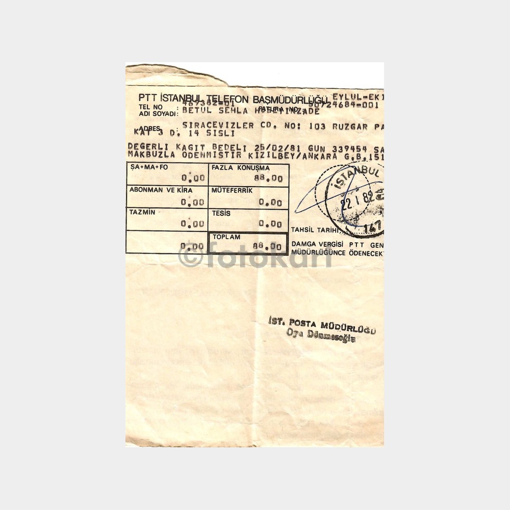1982 PTT İstanbul Telefon Makbuzu