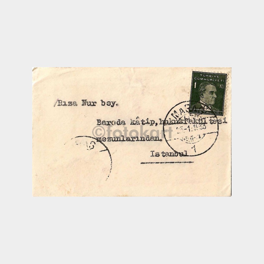 1933 Rıza Nur Adresli Maraş Tebrik Kartı