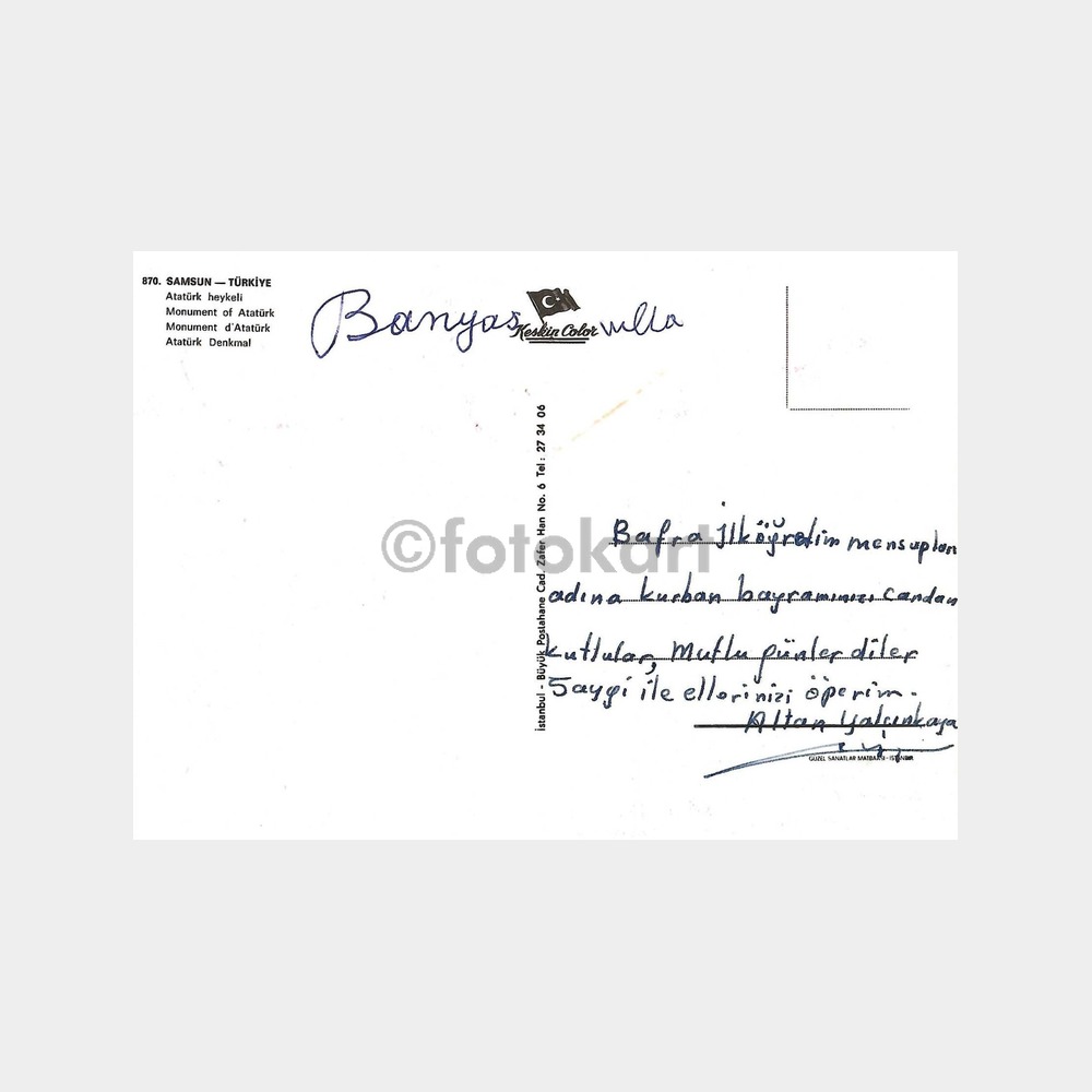 1968 Samsun Atatürk Heykeli Kartpostal - Görsel 2