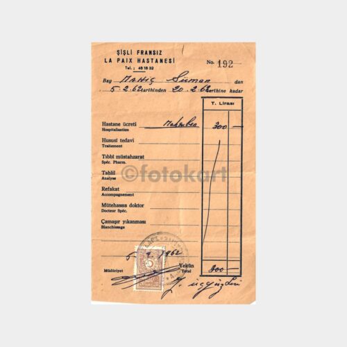 1962 Şişli La Paix Hastanesi Makbuzu