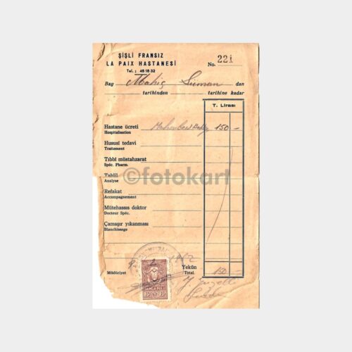 1962 Şişli La Paix Hastanesi Makbuzu