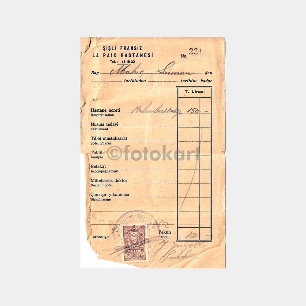 1962 Şişli La Paix Hastanesi Makbuzu