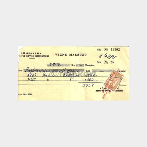 Sümerbank Alım Satım Müessesesi Vezne Makbuzu