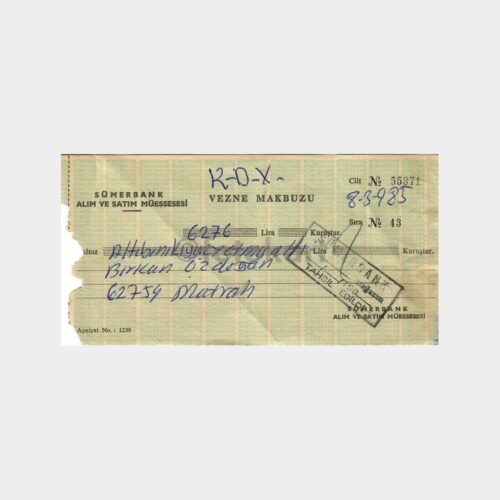 Sümerbank Alım Satım Müessesesi Vezne Makbuzu
