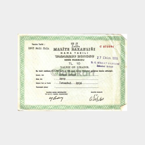 1967 Tasarruf Bonosu Kesir Makbuzu