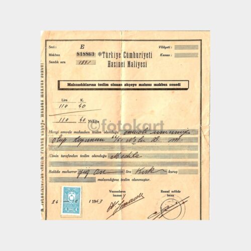 1943 TC Hazineyi Maliye Makbuz Senedi