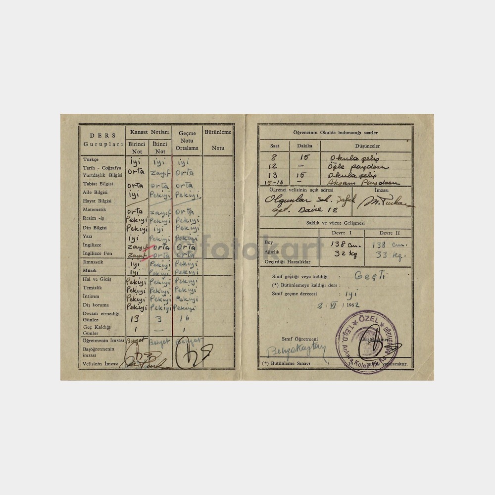 1961 TED Ankara Koleji Karnesi - Görsel 2