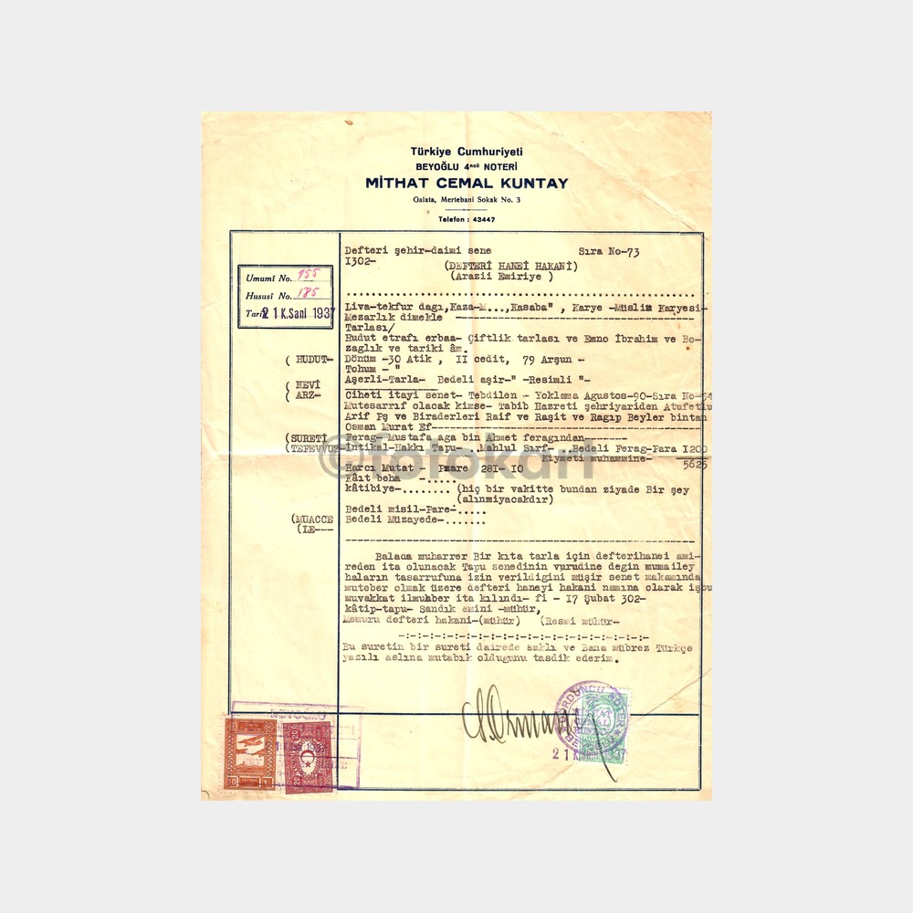 1937 Tekirdağ Arazi Noter Belgesi