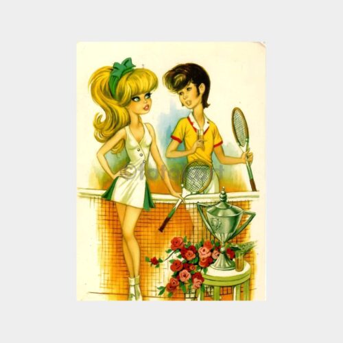 Tenis Oynayan Çift Çizim Fantezi Kartpostal