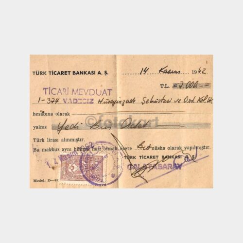 1962 Ticaret Bankası 2 Adet Para Makbuzu