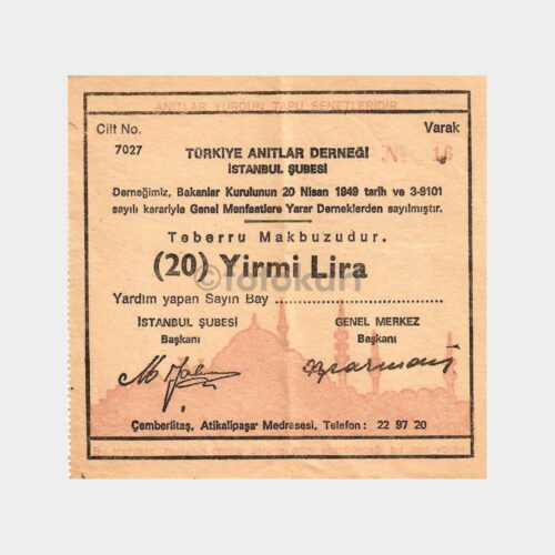 Türkiye Anıtlar Derneği Yardım Makbuzu