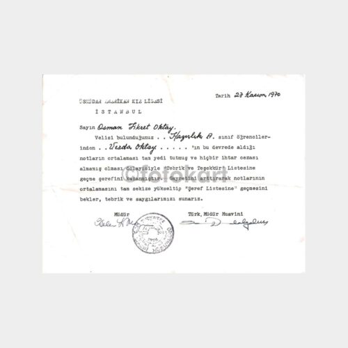 1970 Üsküdar Amerikan Kız Lisesi Başarı Belgesi