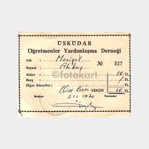 1970 Üsküdar Öğretmenler Yardım Makbuzu