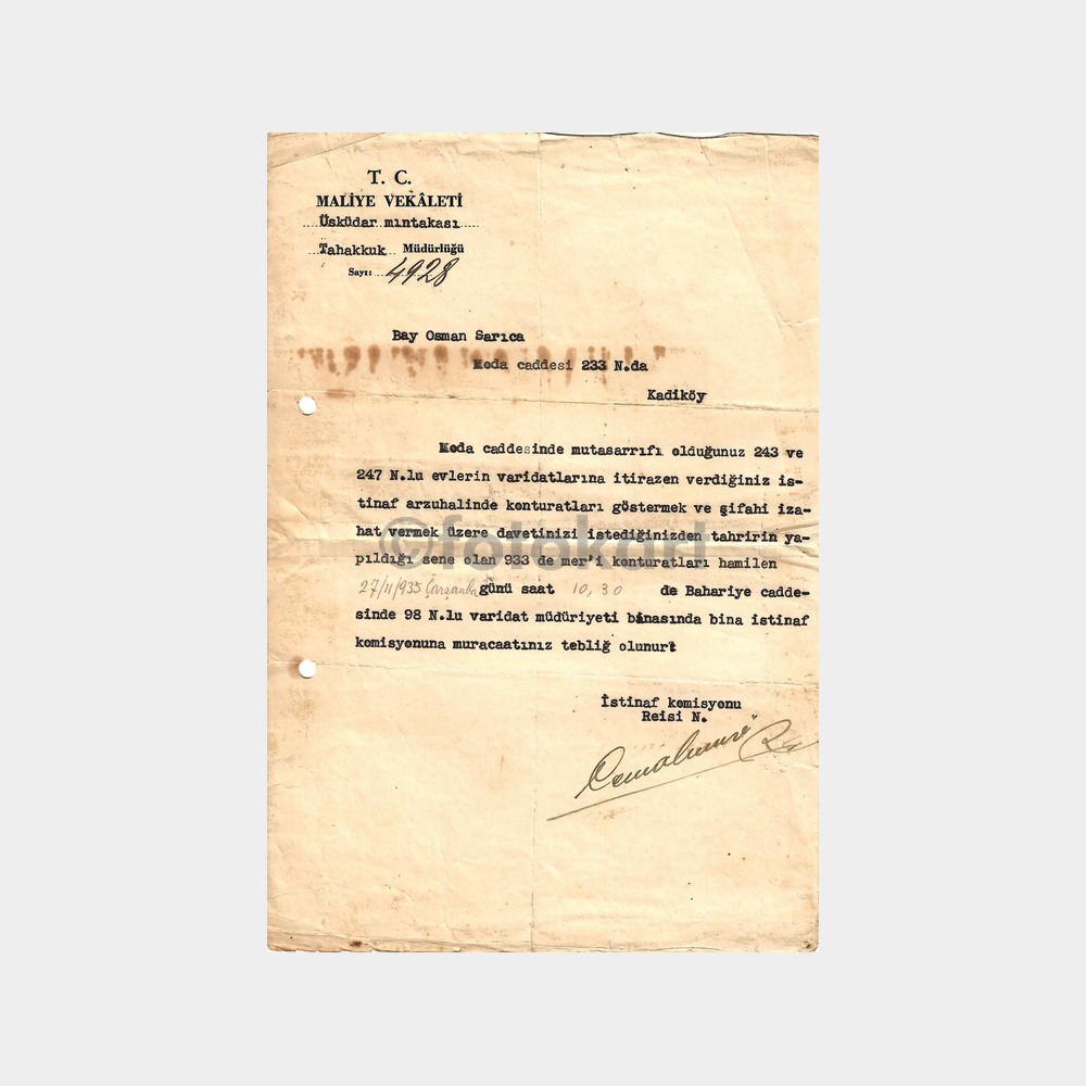 1935 Üsküdar Tahakkuk Müdürlüğü Yazısı