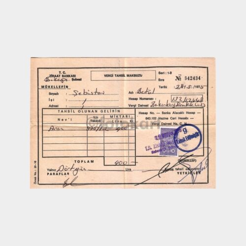 1975 Ziraat Bankası Arsa Vergisi Makbuzu