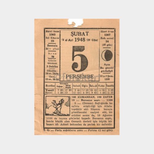 5 Şubat 1948 Perşembe Takvim Yaprağı
