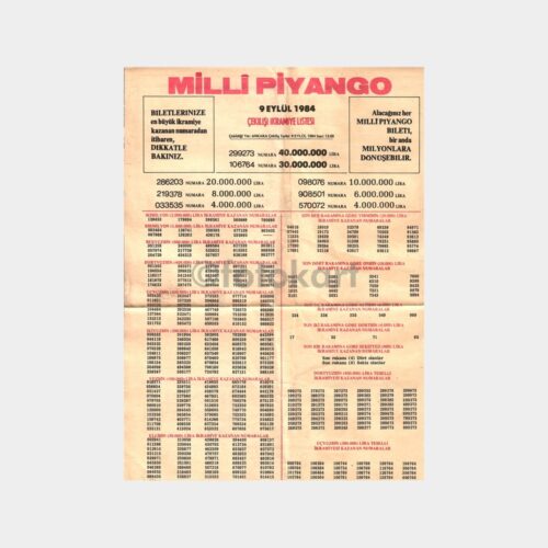 9 Eylül 1984 Milli Piyango Çekilişi Listesi