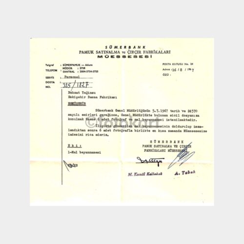 1967 Adana Sümerbank Çırçır Fabrikası Yazısı