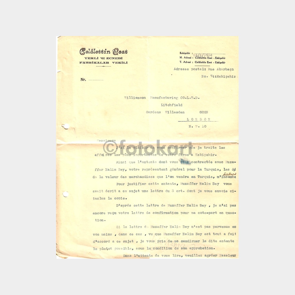 1934 Eskişehir Celalettin Esat-Fabrika Vekili Mektup-Yazı