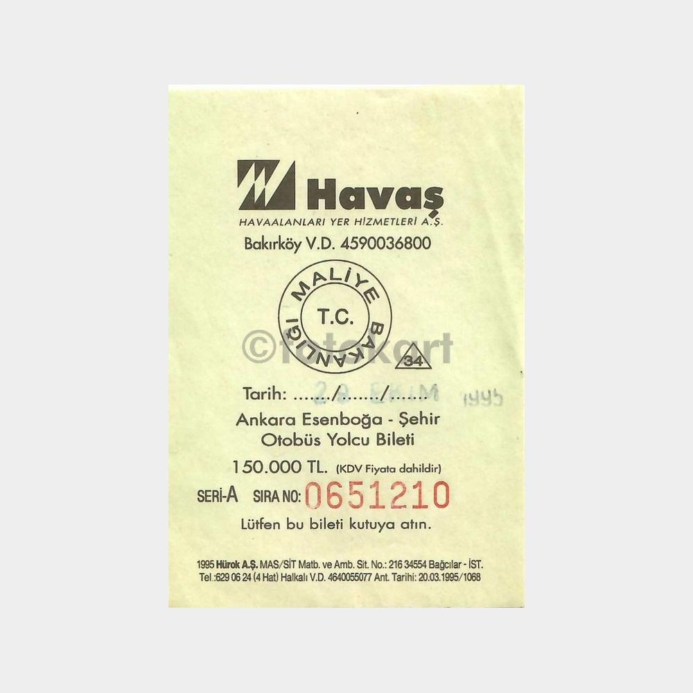 1995 Havaş Ankara Esenboğa Otobüs Bileti