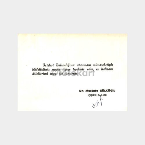 Içişleri Bakanı Mustafa Gülcügil Tebrik Kartı