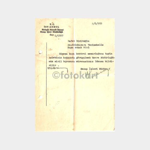 1950 İstanbul Birleşik Mahalli İdaresi Yazısı