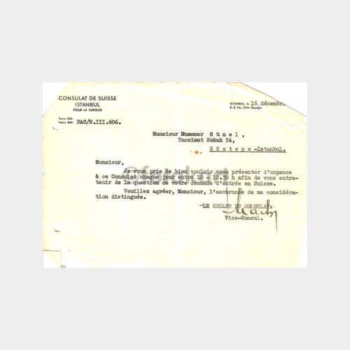 1943 İsviçre-İstanbul Konsolosluk Yazısı