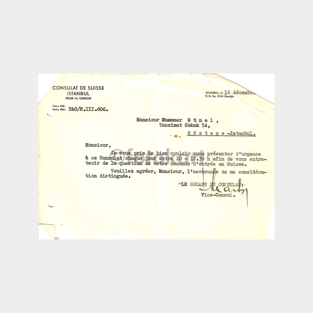 1943 İsviçre-İstanbul Konsolosluk Yazısı