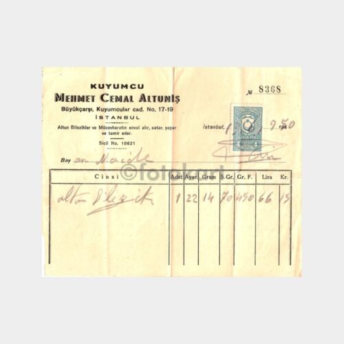 1950 Kapalı Çarşı Kuyumcu Faturası