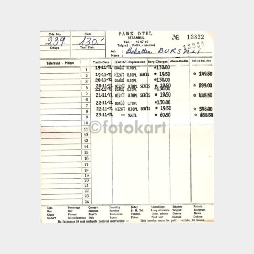 1973 Maçka Oteli Faturası