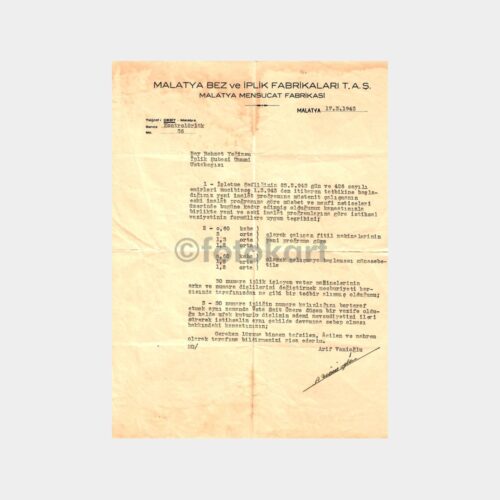 1943 Malatya Bez ve İplik Fabrikası Yazısı