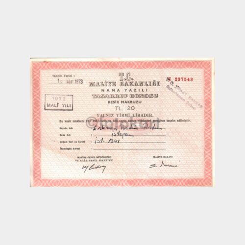 1972 Mali Yılı 20 TL Tasarruf Bonosu Kesir Makbuzu