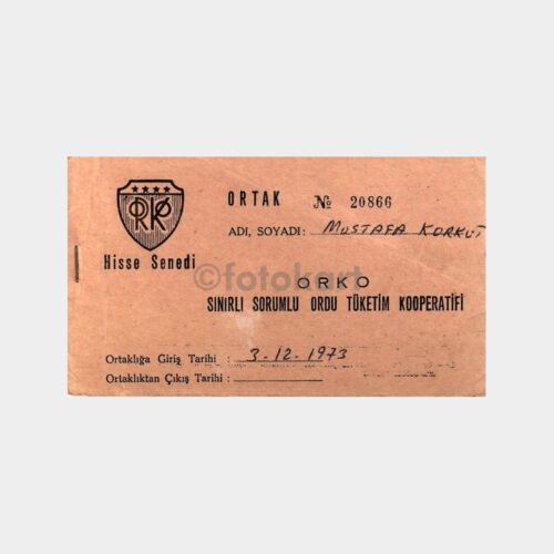 1973 ORKO Ordu Tüketim Koop Hisse Senedi Makbuz
