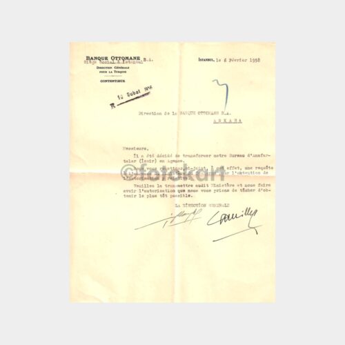 1958 Osmanlı Bankası Fransızca Yazısı