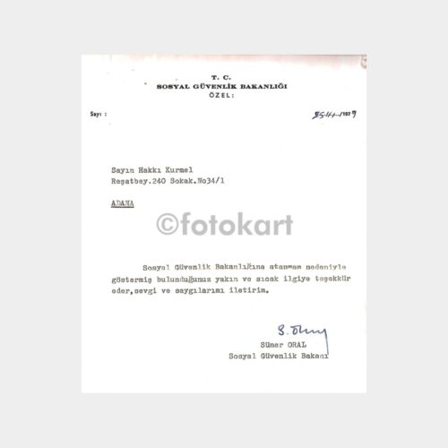 1979 Sosyal Güvenlik Bakanı Sümer Oral İmzalı Yazısı