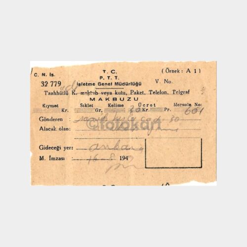 1949 Taahhütlü Mektup Makbuz