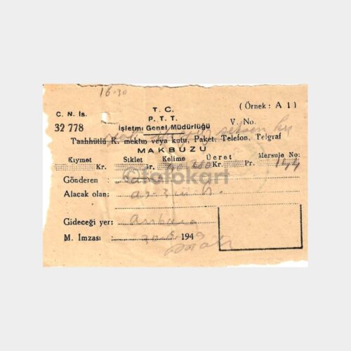 1949 Taahhütlü Mektup Makbuz